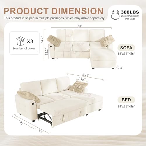 Hanherry 81" Sectional Couch with Pull Out Sofa Bed,Chenille Sleeper Sof...