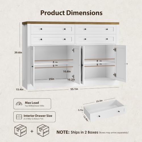 HOSTACK 55"W Kitchen Buffet Sideboard Cabinet with 4 Storage Drawers, White