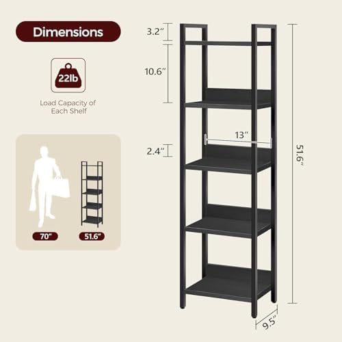MAHANCRIS 5-Tier Bookshelf, Bookcase, Shelves Organizer for Small Spaces, Sto...