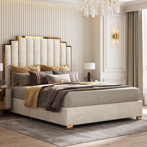 AMERLIFE California King Upholstered Bed with Gold Trim Headboard, Cream