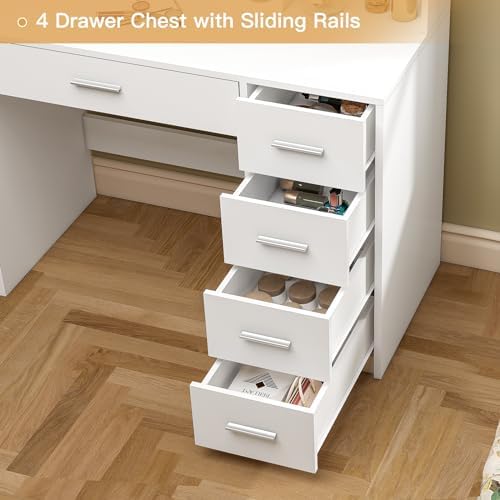 Quimoo Vanity Desk with Mirror & Lights, Makeup Vanity with 5 Drawers &am...
