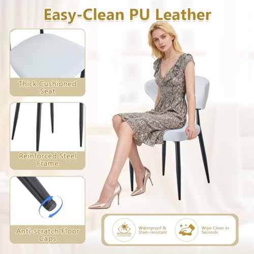 Round Glass Dining Table Set for 4, 39" Black Metal Base, PU Chairs | 5-...