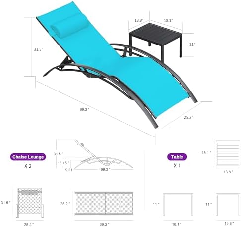 PURPLE LEAF Patio Pool Lounge Chaise Set of 3 Outdoor Chair, Turquoise Blue |...