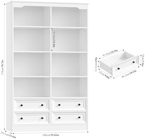 FINETONES 71" Tall Bookshelf with 4 Drawers White Bookshelf Office Bookcase