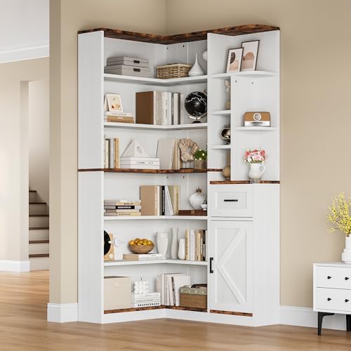 Garvee 74'' Tall Corner Bookshelf - 6-Tier Book Shelf with Drawer and...