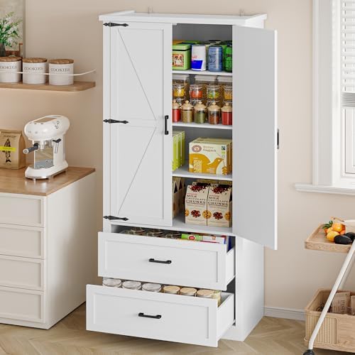 BORNOON Pantry Organizers and Storage Cabinet, 71” Barn Door White Kitchen Ca...