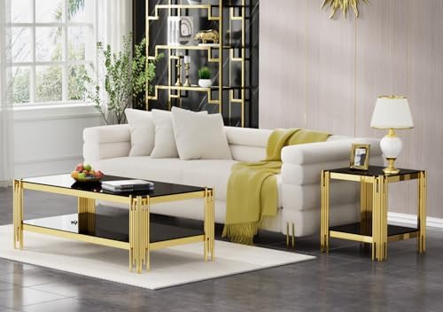Modern Square End Table Black Glass Sofa Side Table with Gold Stainless Steel...
