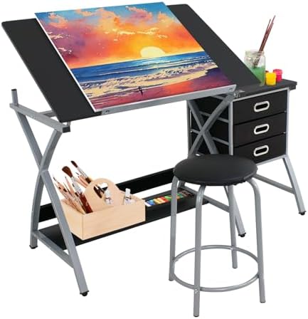JupiterForce Drafting Table with Tiltable Tabletop and Stool, 3 Storage Drawe...