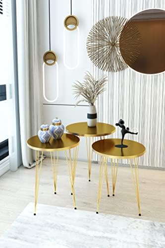 Set of 3 High Gloss Gold Nesting End Tables Round Wood Stacking Coffee Side A...