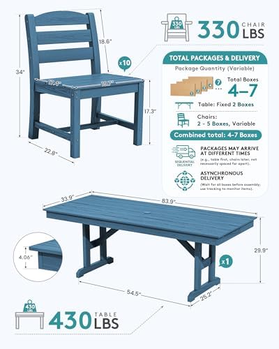SERWALL 9Pcs 84" HDPE Outdoor Dining Set for 8 with Armless Chairs,Blue