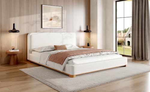 Peanu Queen Bed Frame, Boucle Upholstered Headboard, White Base