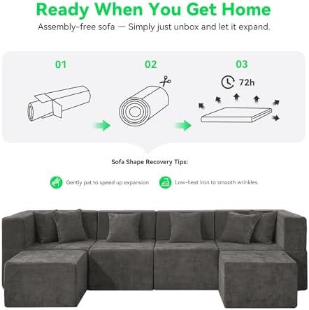 MONVANE U Shaped Sectional Couch Oversized, Chenille, Gray | 6-Seat Sectional...