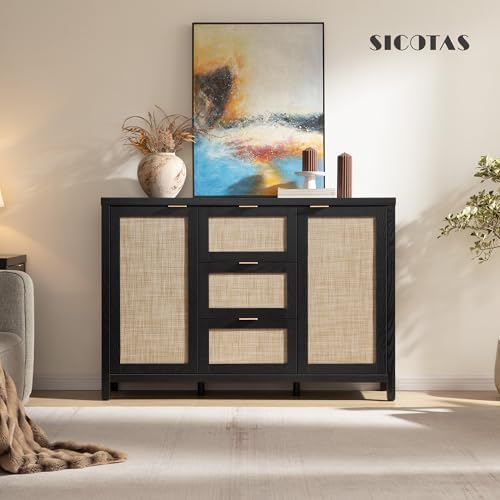 SICOTAS Rattan Sideboard Buffet Cabinet with 3 Drawers, Storage Cabinet