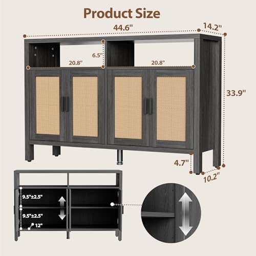 Mericonia Rattan Buffet Cabinet with Storage, Sideboard with Doors, Console T...