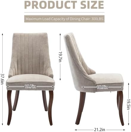 Beige Fabric Upholstered Dining Chairs Set of 4, Curved Solid Wood Legs