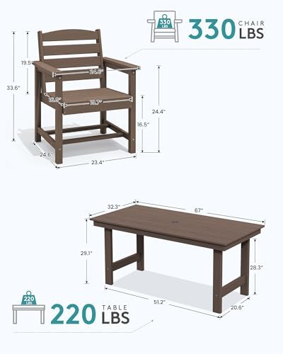 SERWALL 7 Pcs Outdoor Dining Set, 67" HDPE Dining Set for 6, Coffee
