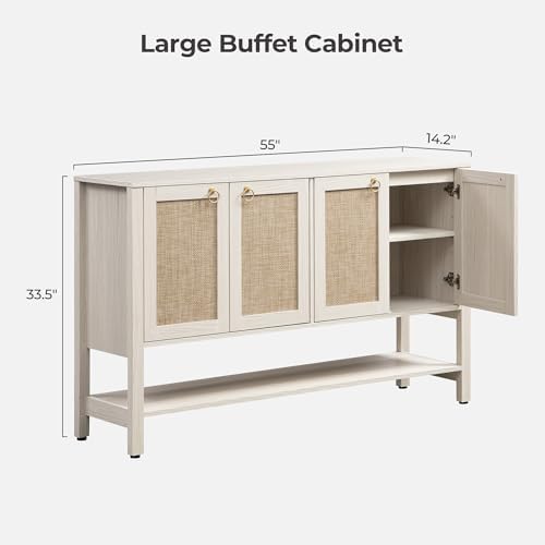 SICOTAS White Sideboard Buffet Cabinet with Rattan Doors, 55" Boho Credenza
