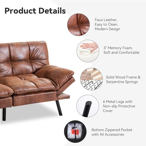 71" Convertible Futon Sofa Bed,Brown Faux Leather Futon Couch,Memory Foa...