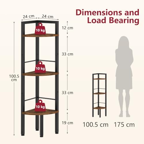 Tajsoon Corner Shelf Stand 3 Tier 39.5" with Metal Frame, Rustic Brown