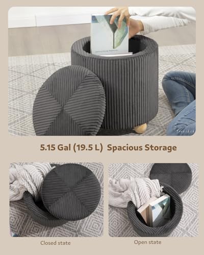 Adeco Velvet Storage Ottoman, Round Upholstered Vanity Stool for Makeup, 15.4...