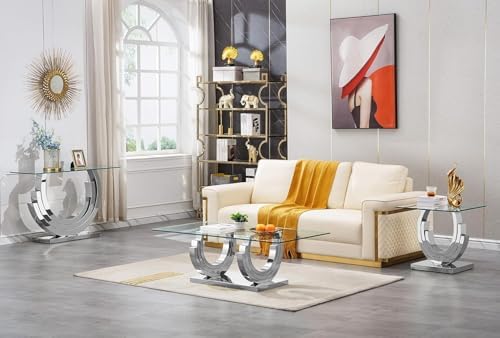 3 Piece Living Room Table Set, Rectangle Tempered Glass Coffee Table, End Tab...
