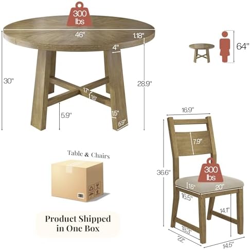 Jocisland Round Table Dining Set for 4, Solid Wood Mid-Century Mordern
