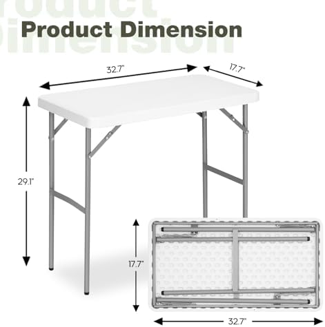 2.7ft Rectangular Folding Table for All-Occasion, Foldable Table with HDPE Ta...