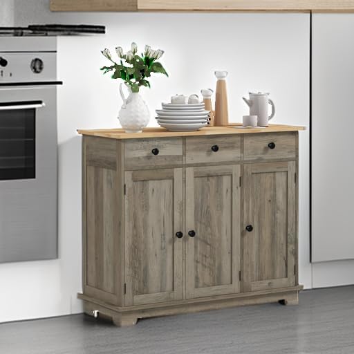 HOMCOM Sideboard Buffet Cabinet Solid Wood Countertop Distressed Gray