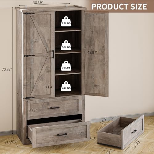 BORNOON Pantry Organizers and Storage Cabinet, 71” Barn Door White Kitchen Ca...