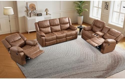 EBELLO 3 Pieces Faux Leather Recliner Sofa Furniture Set, Includes a Manual R...