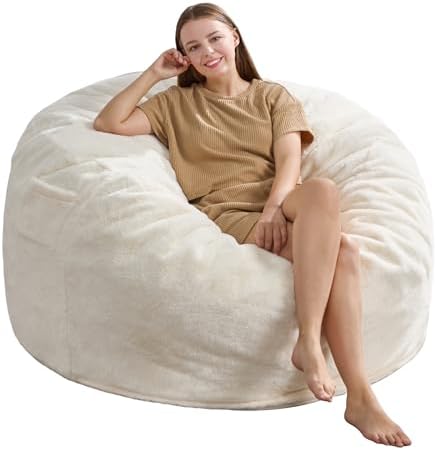 Hobestluk Adult Bean Bag Chair 4FT Large Lounger with Plush Cover, White | Me...