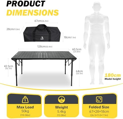 50" Camping Table,Roll Up Aluminum Picnic Table with Adjustable Hight Le...