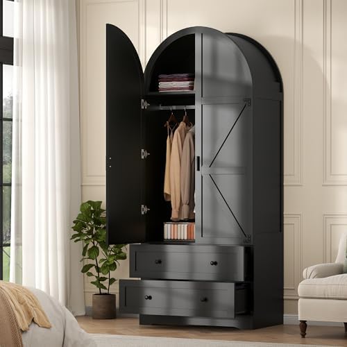 Gyfimoie Black Armoire Wardrobe Closet with 2 Drawers, 75" Wooden Wardro...