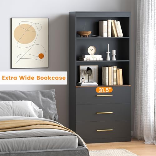 Winkalon 71" Tall Black Bookshelf with Drawers, Bookcase and Bookshelf w...