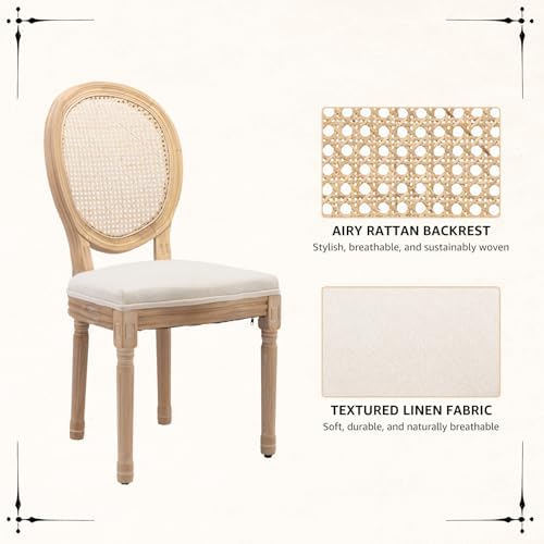 Vintage French Rattan Dining Chairs Set of 4, Solid Wood Frame with Round Rat...