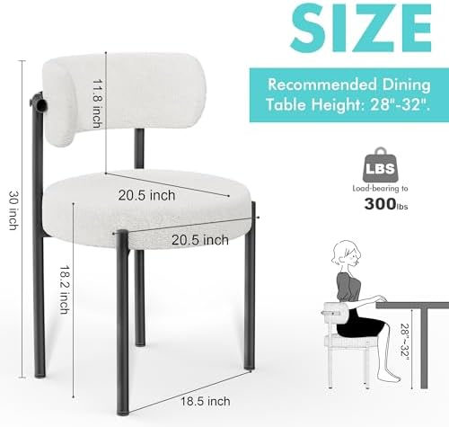 PatioPerk Boucle Dining Chairs Set of 2, White Mid Century Morden Chair | Rou...