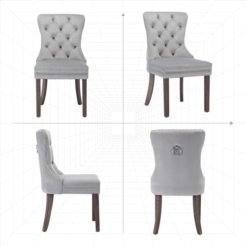 Velvet Dining Room Chairs Set of 2, Button Tufted, Wood Legs, Light Gray