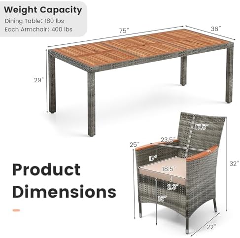 Tangkula 9 Pieces Patio PE Wicker Dining Set, Outdoor Acacia Wood Table and C...