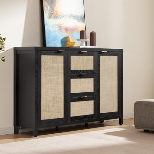 SICOTAS Rattan Sideboard Buffet Cabinet with 3 Drawers, Storage Cabinet