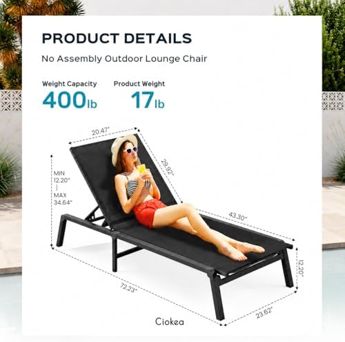Ciokea Aluminum Chaise Lounge Ourdoor, Foldable & Assemble Free Outdoor L...