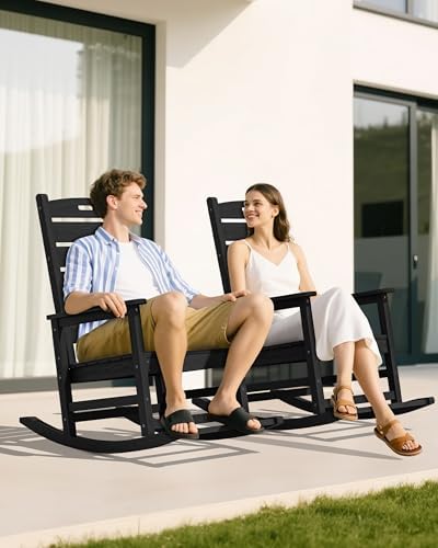 SERWALL Outdoor Rocking Chair Set of 2, Oversized HDPE Rocker, Black | Heavy ...