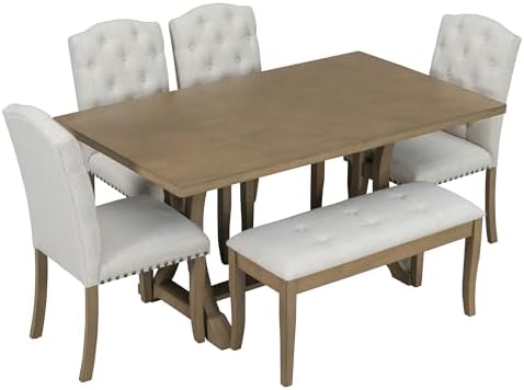 Merax 6-Piece Farmhouse Dining Table Set with Bench and Upholstered Chairs, R...