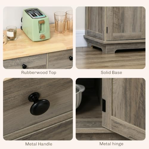 HOMCOM Sideboard Buffet Cabinet Solid Wood Countertop Distressed Gray