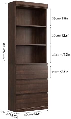IDEALHOUSE 70" Tall Bookcase with Drawers, Open Book Shelves Library Boo...