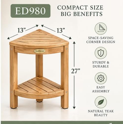 EcoDecors Corner Shower Stool with Shelf, Solid Teak Shower Bench