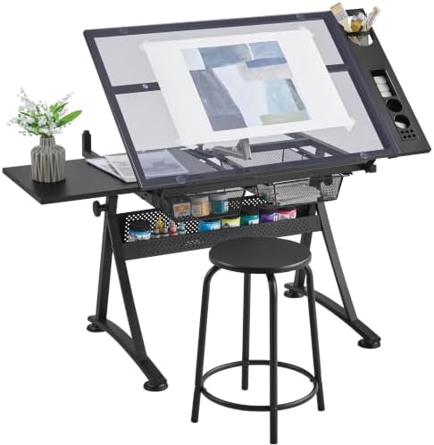 Yaheetech Adjustable Drafting Table & Stool, Tilting Glass Art Desk, Black