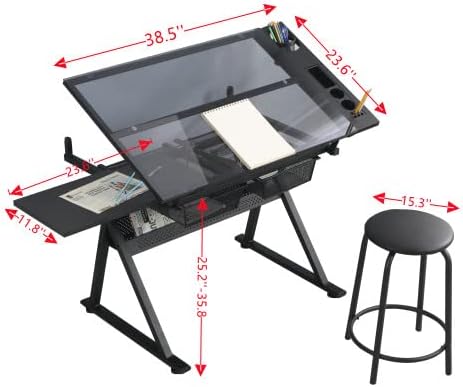 Glass Drafting Table Art Desk – Adjustable Professhional Artwork Drawing Draf...