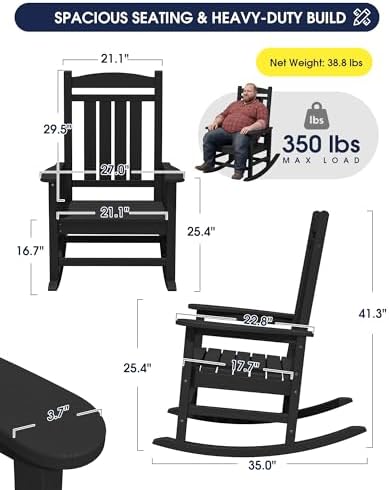 KINGYES Oversized Outdoor Rocking Chairs Set of 2, HDPE Porch Rocker, Black |...