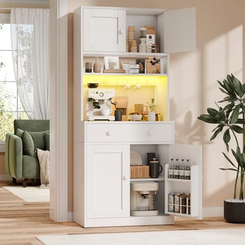 71" Tall Kitchen Pantry Cabinet with Microwave Countertop, LED Lights Wh...