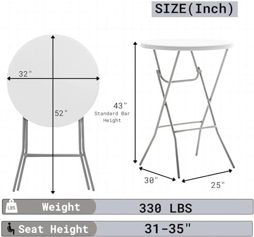 BTEXPERT White 32" Round 43" Bar Height Granite Folding Commercial ...